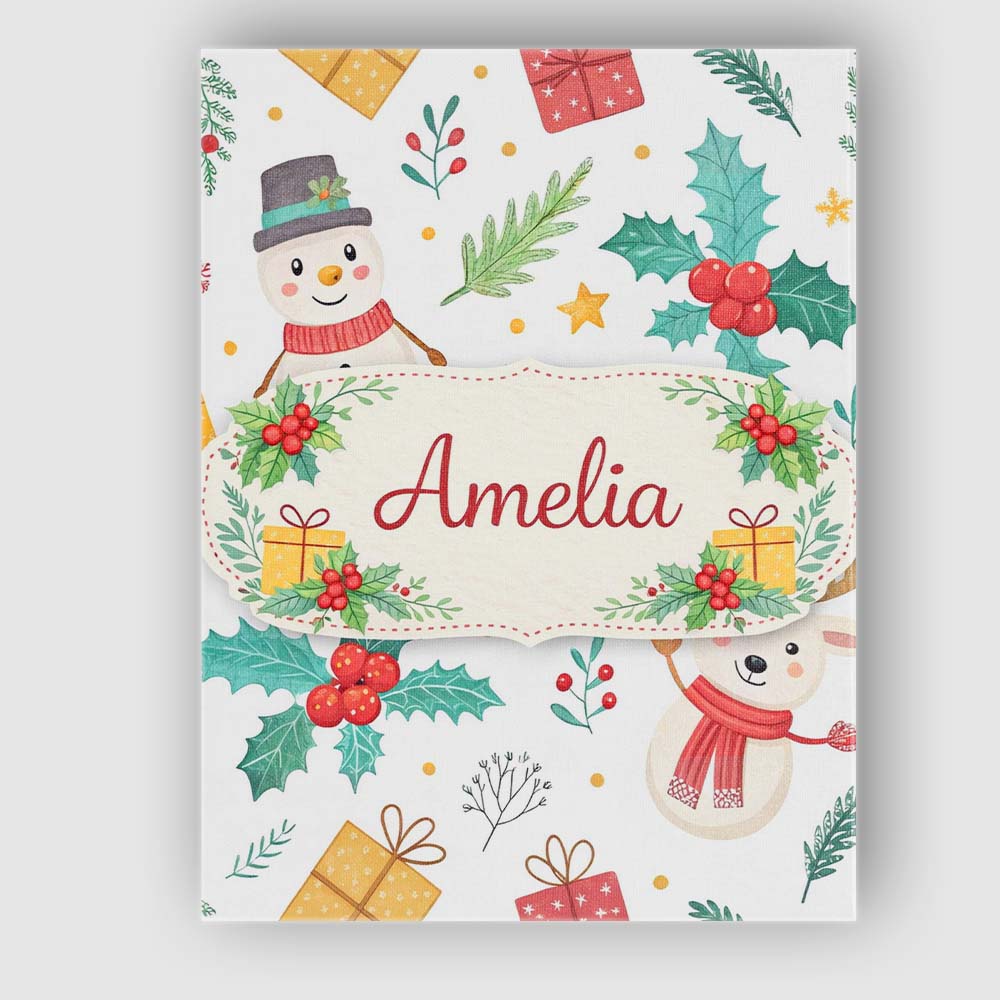 Personalised Name Cute Christmas Snowman Holly Reindeer Seamless Custom Interior Canvas Wall Art Print Decor Picture Ready to Hang