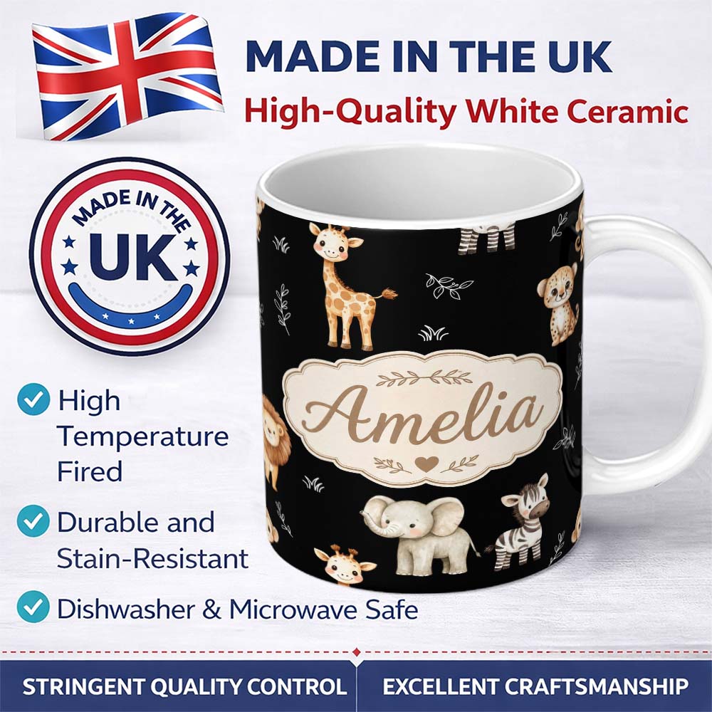 Personalized Custom Name Safari Animals with Elephant Lion Cub and Elephant on Black Lovely 11oz Ceramic Coffee Tea Mug White Large Handle