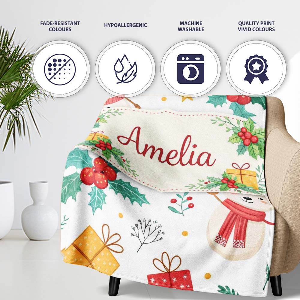 Cute Christmas Snowman Holly Reindeer Seamless Pattern Lovely Personalised Custom Name Super Soft Fleece Blanket Bed Sofa Throw