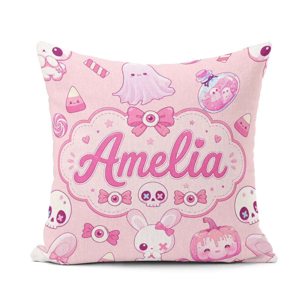 Custom Name Bunny Ghost Candy Pumpkin Seamless Pattern Soft Pink Square Filled Cushion Throw Pillow Sofa Bed Home Decor Zip Washable UK Made