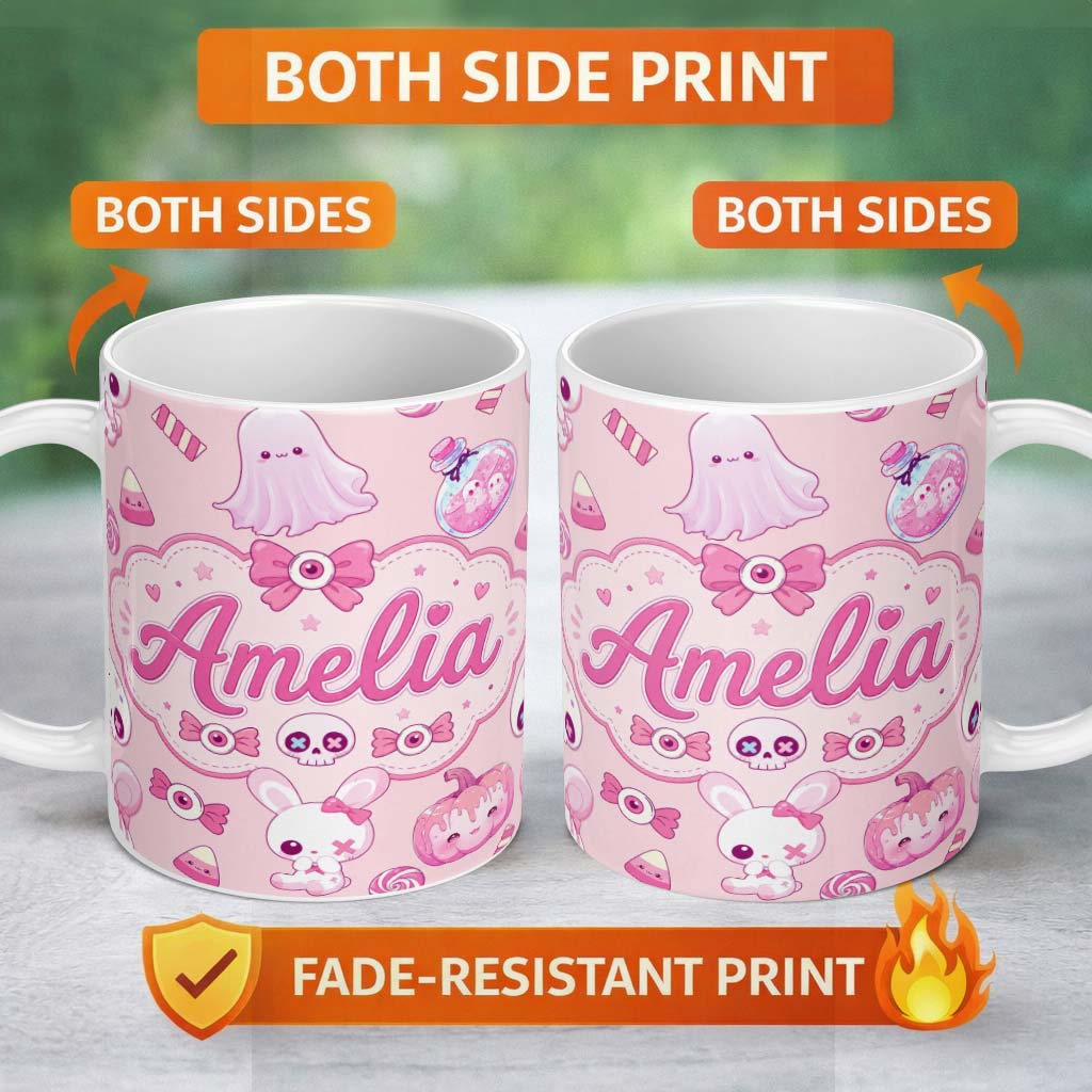 Personalized Custom Name Cute Halloween Bunny Ghost Candy Pumpkin Seamless Pattern Soft Pink 11oz Ceramic Coffee Tea Mug White Large Handle