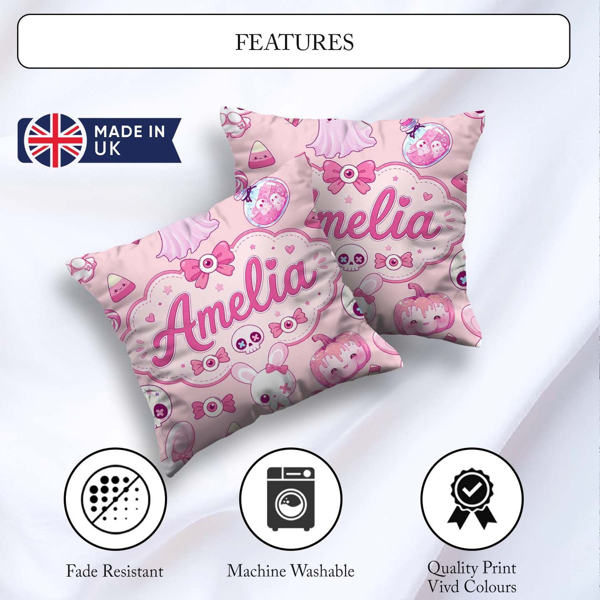 Custom Name Bunny Ghost Candy Pumpkin Seamless Pattern Soft Pink Square Filled Cushion Throw Pillow Sofa Bed Home Decor Zip Washable UK Made