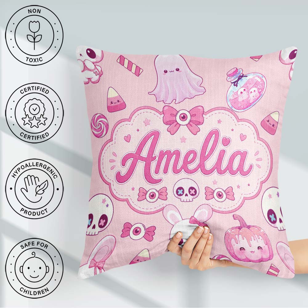 Custom Name Bunny Ghost Candy Pumpkin Seamless Pattern Soft Pink Square Filled Cushion Throw Pillow Sofa Bed Home Decor Zip Washable UK Made