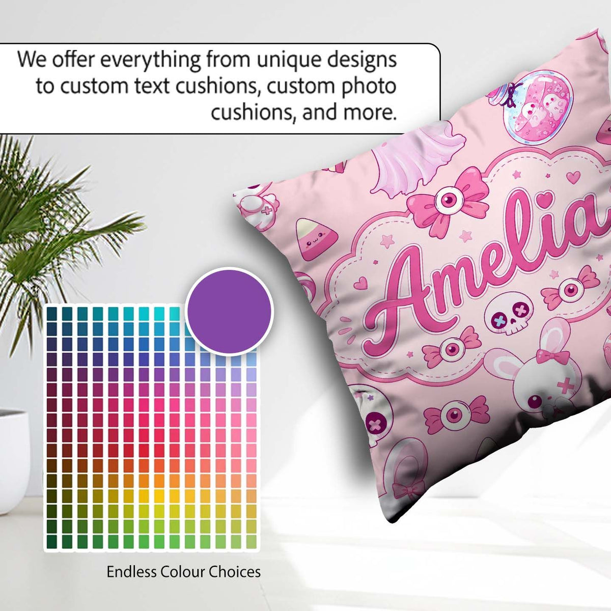 Custom Name Bunny Ghost Candy Pumpkin Seamless Pattern Soft Pink Square Filled Cushion Throw Pillow Sofa Bed Home Decor Zip Washable UK Made