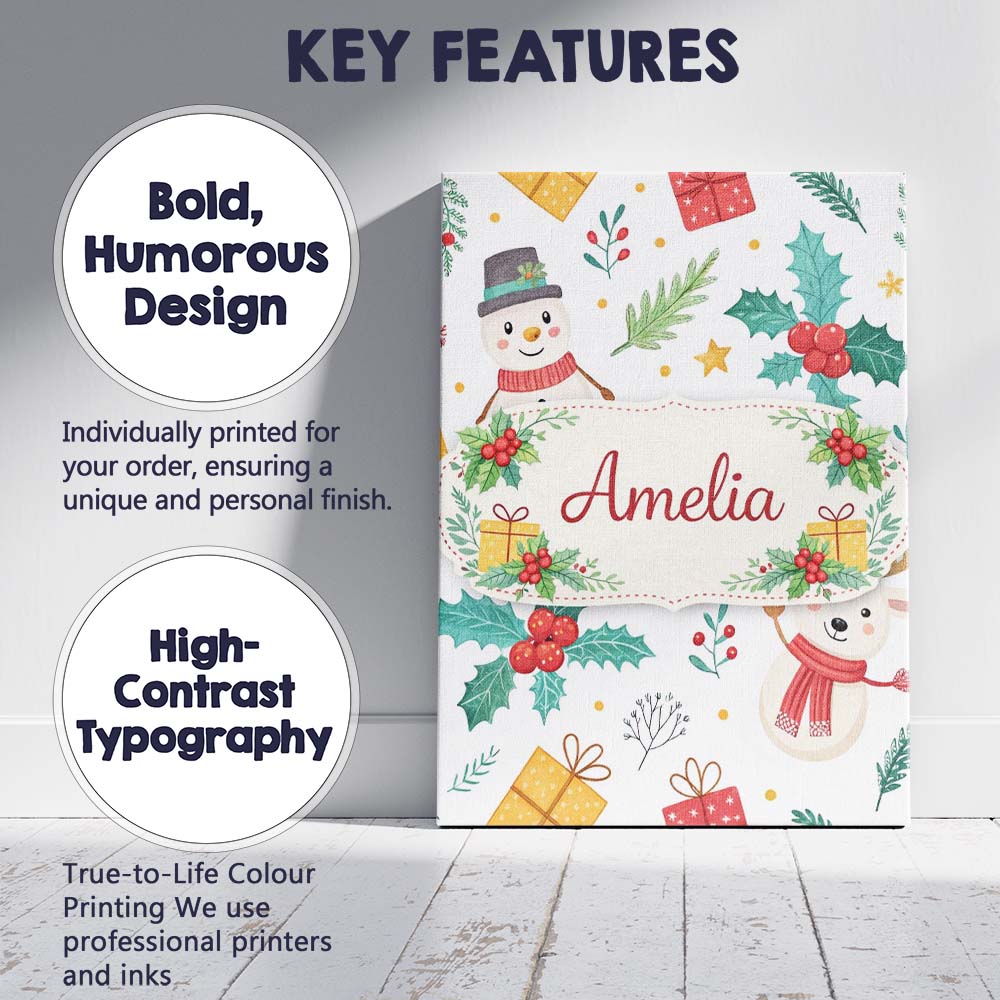 Personalised Name Cute Christmas Snowman Holly Reindeer Seamless Custom Interior Canvas Wall Art Print Decor Picture Ready to Hang