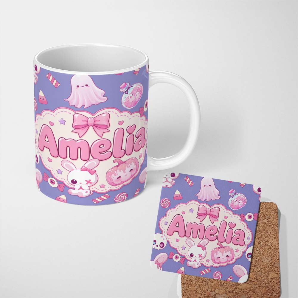 Personalized Custom Name Cute Halloween Bunny Ghost Candy Pumpkin Seamless Pattern Purple 11oz Ceramic Coffee Tea Mug White Large Handle