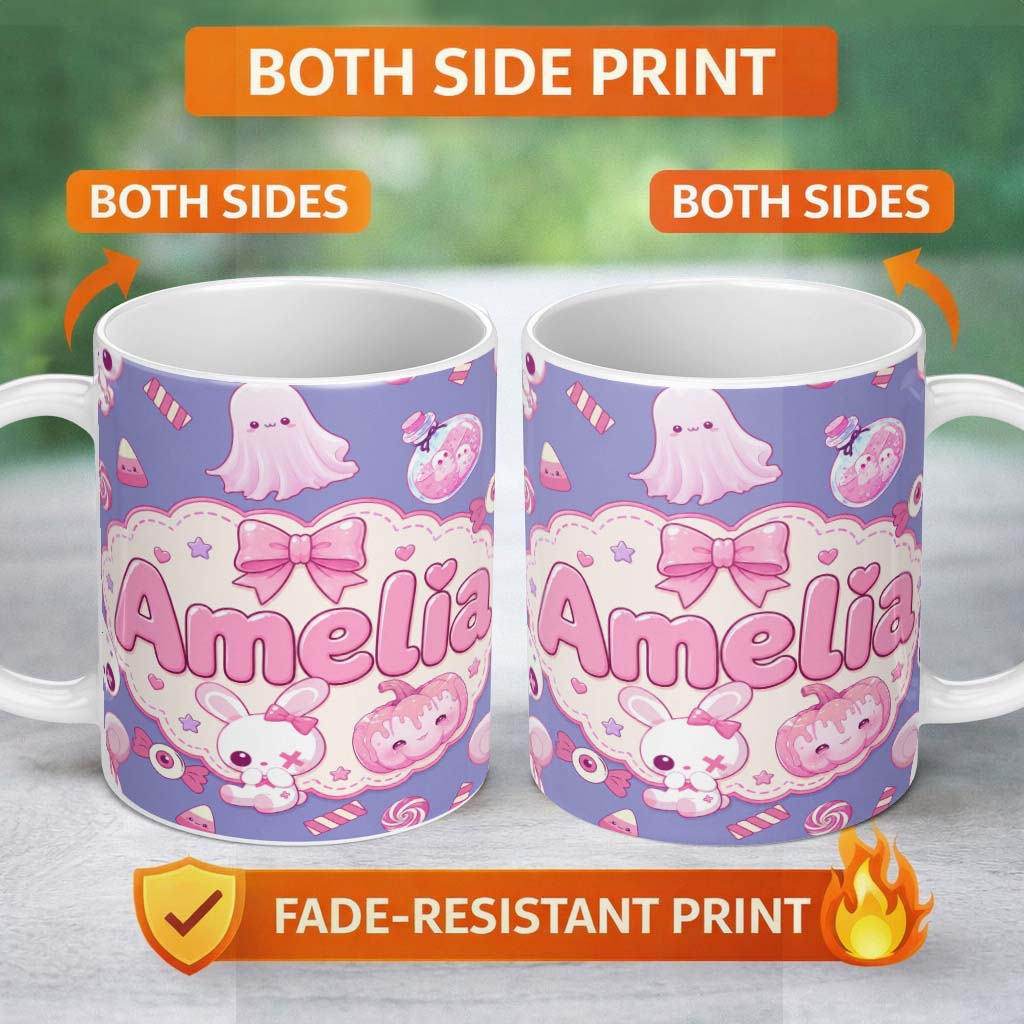 Personalized Custom Name Cute Halloween Bunny Ghost Candy Pumpkin Seamless Pattern Purple 11oz Ceramic Coffee Tea Mug White Large Handle