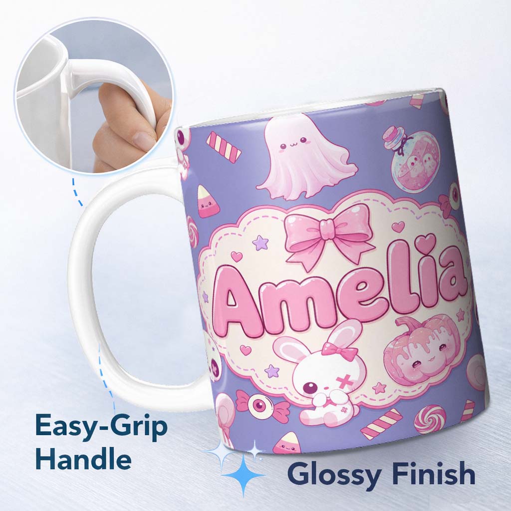 Personalized Custom Name Cute Halloween Bunny Ghost Candy Pumpkin Seamless Pattern Purple 11oz Ceramic Coffee Tea Mug White Large Handle