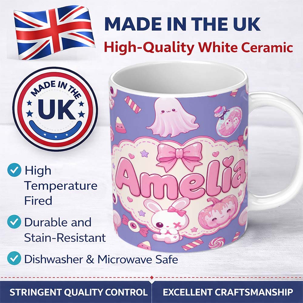 Personalized Custom Name Cute Halloween Bunny Ghost Candy Pumpkin Seamless Pattern Purple 11oz Ceramic Coffee Tea Mug White Large Handle