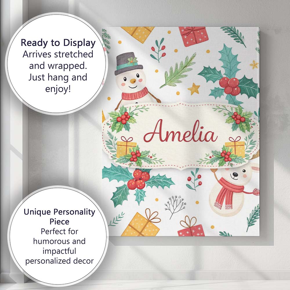 Personalised Name Cute Christmas Snowman Holly Reindeer Seamless Custom Interior Canvas Wall Art Print Decor Picture Ready to Hang