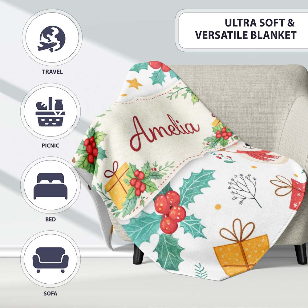 Cute Christmas Snowman Holly Reindeer Seamless Pattern Lovely Personalised Custom Name Super Soft Fleece Blanket Bed Sofa Throw
