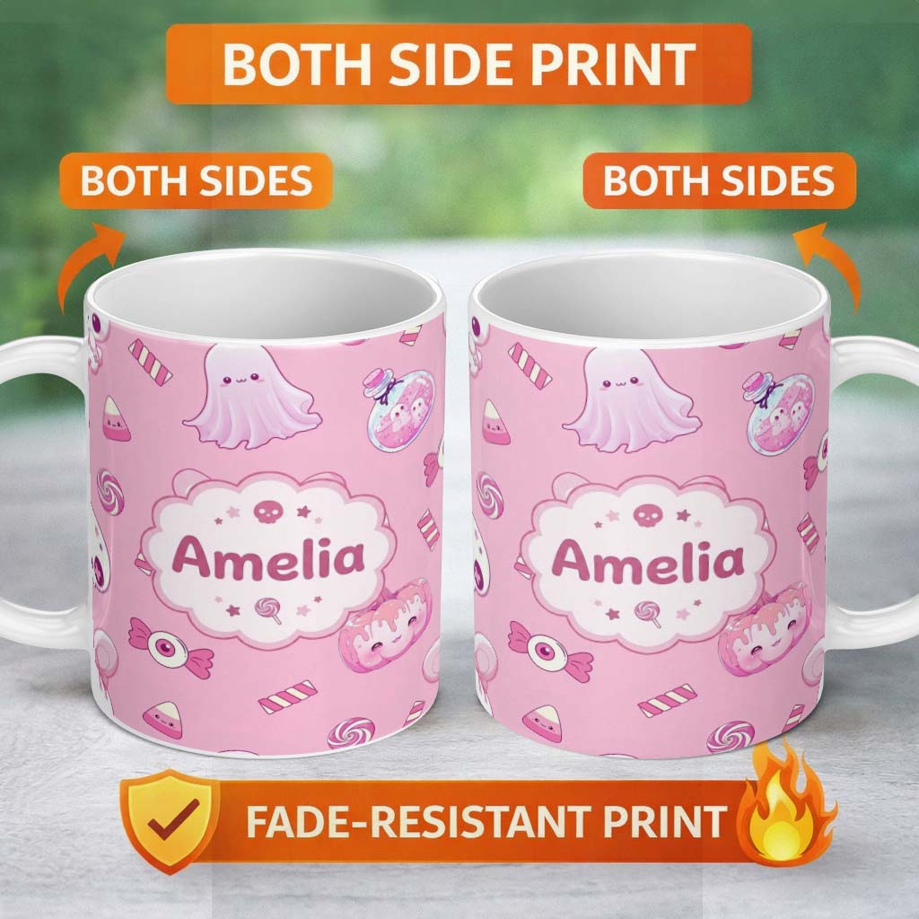 Personalized Custom Name Cute Halloween Bunny Ghost Candy Pumpkin Seamless Pattern Blush 11oz Ceramic Coffee Tea Mug White Large Handle