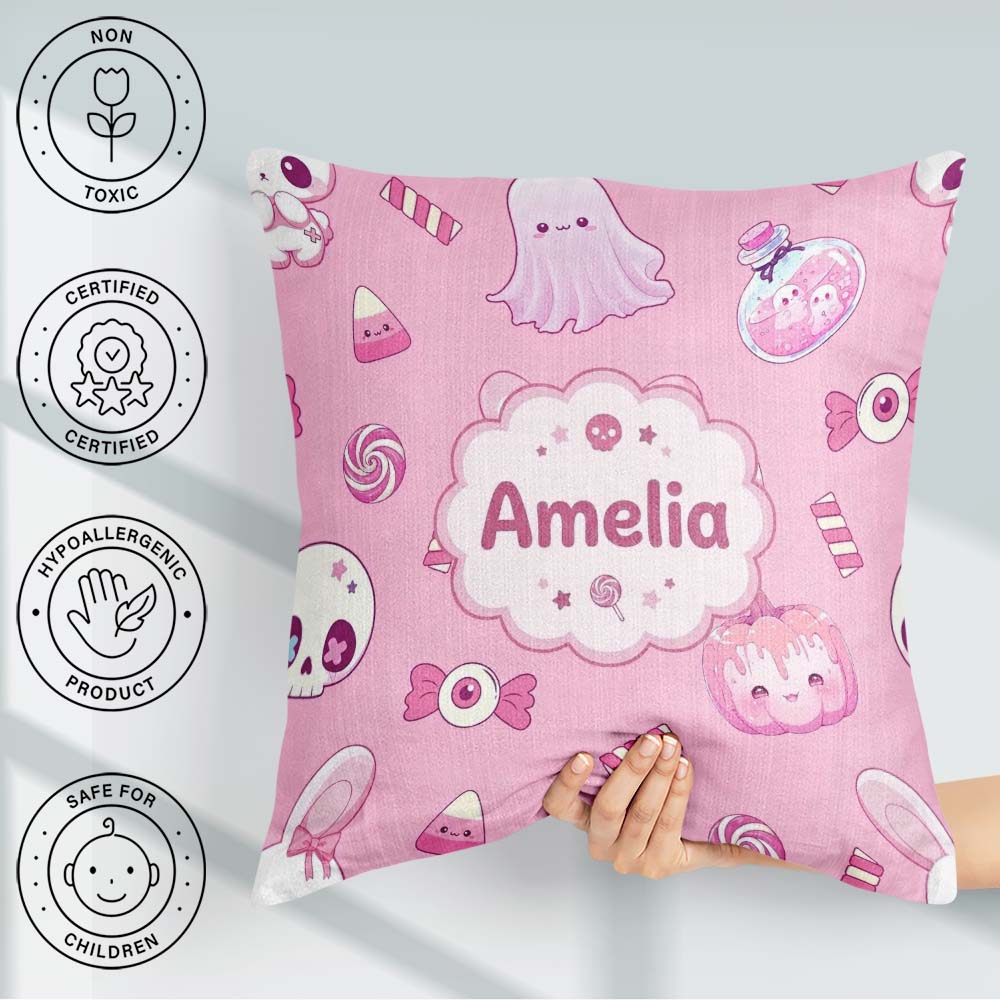 Custom Name Halloween Bunny Ghost Candy Pumpkin Seamless Pattern Square Filled Cushion Throw Pillow Sofa Bed Home Decor Zip Washable UK Made