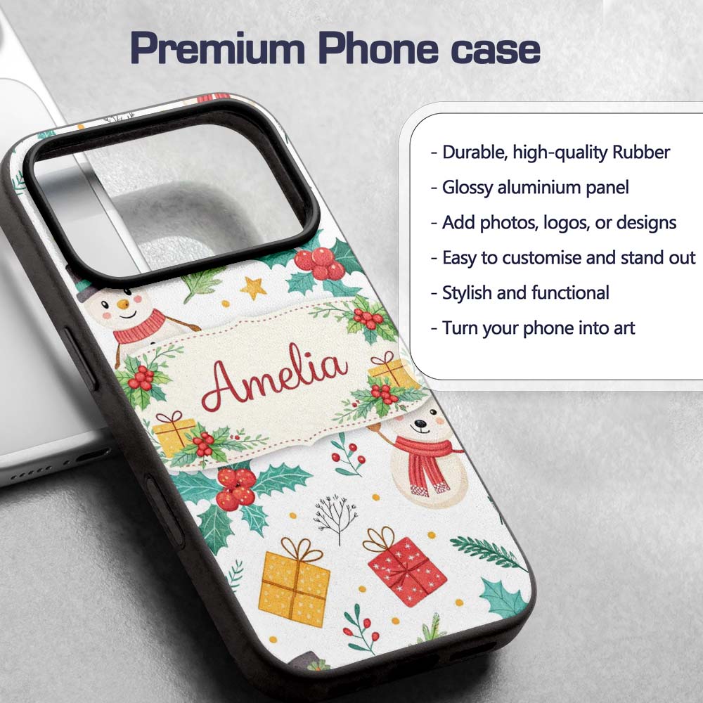 Cute Christmas Snowman Holly Reindeer Seamless Custom Name Protective Phone Case Mobile Cover Durable Everyday Smartphone Shock Resistant