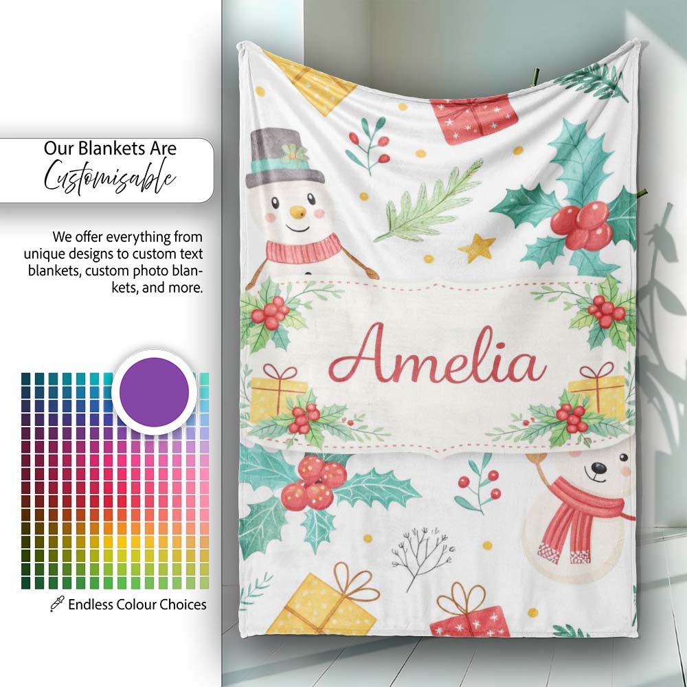 Cute Christmas Snowman Holly Reindeer Seamless Pattern Lovely Personalised Custom Name Super Soft Fleece Blanket Bed Sofa Throw
