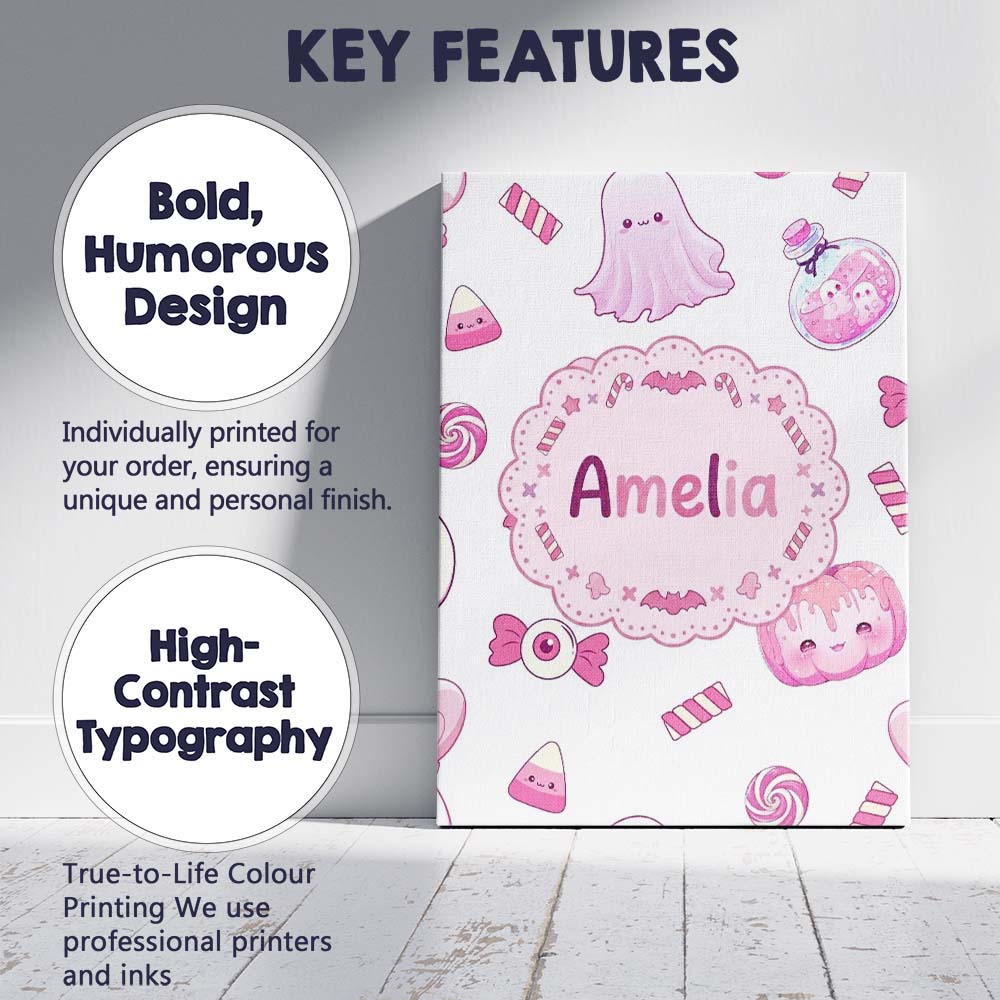 Personalised Name Cute Kawaii Halloween Custom Modern Room Accent Elegant Feature Canvas Wall Art Print Decor Picture Ready to Hang