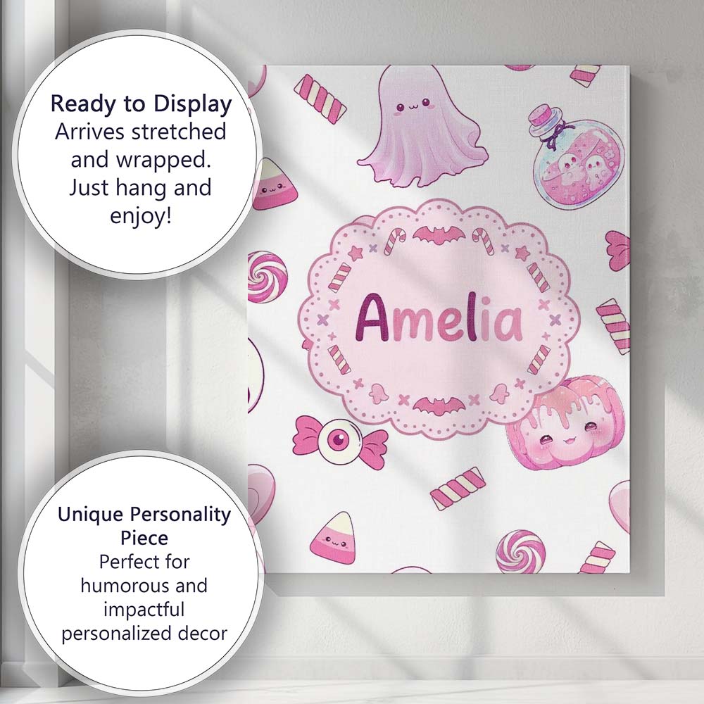 Personalised Name Cute Kawaii Halloween Custom Modern Room Accent Elegant Feature Canvas Wall Art Print Decor Picture Ready to Hang