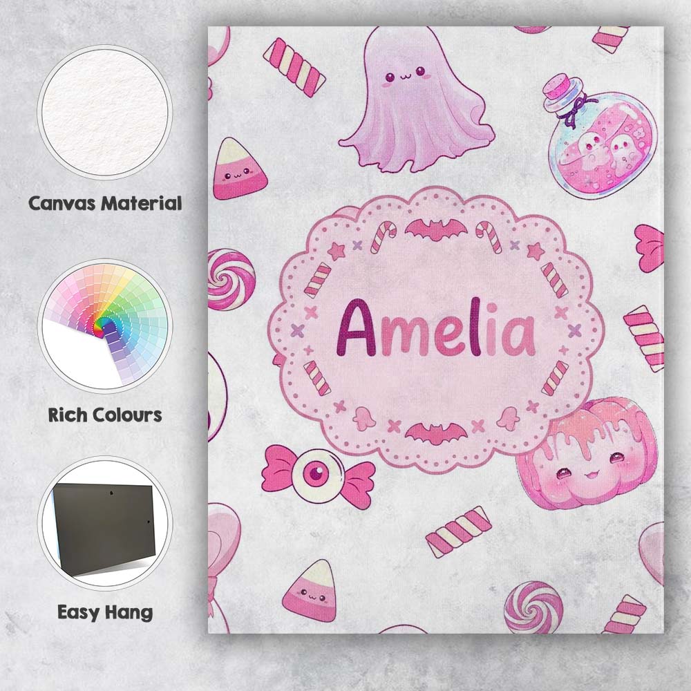 Personalised Name Cute Kawaii Halloween Custom Modern Room Accent Elegant Feature Canvas Wall Art Print Decor Picture Ready to Hang