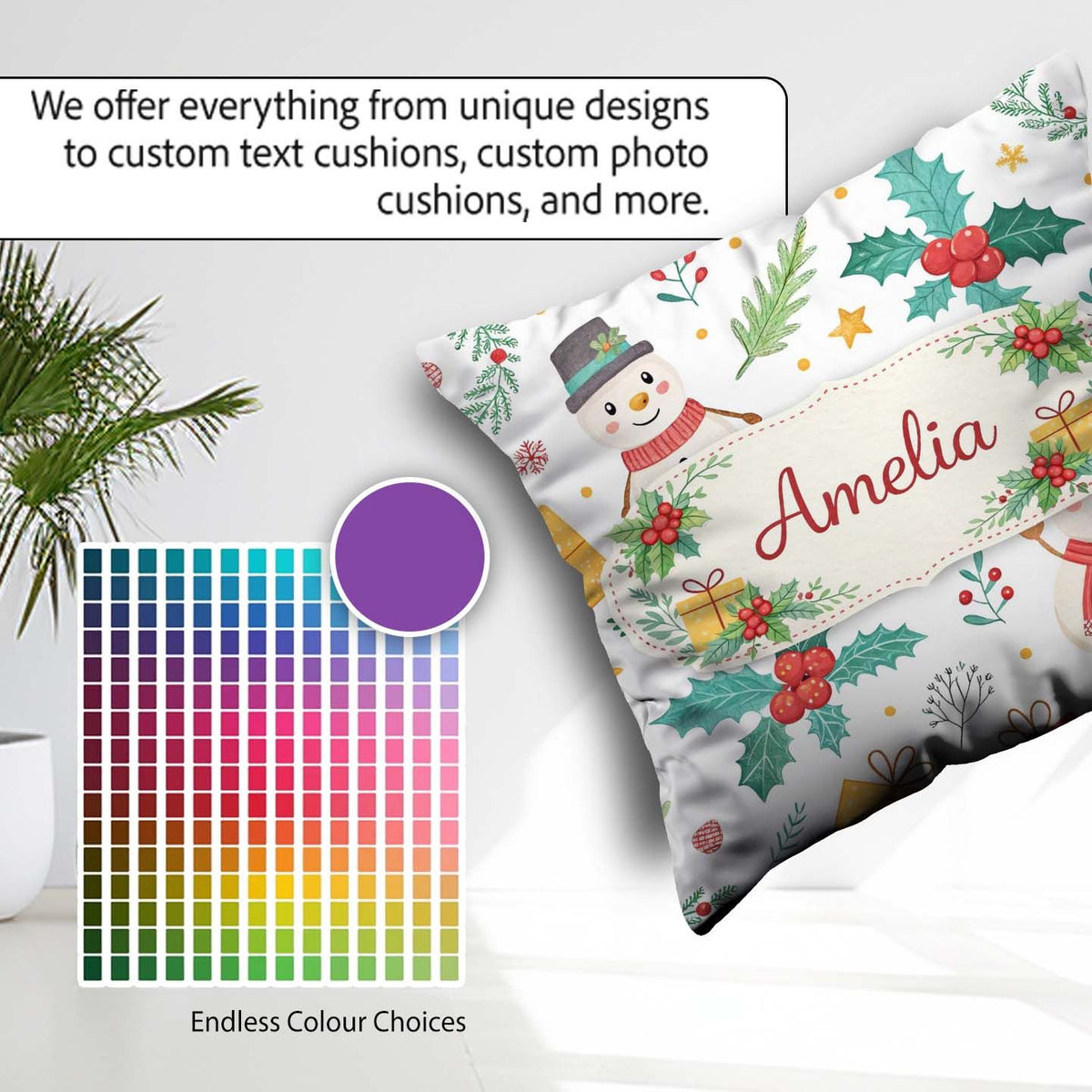 Custom Name Christmas Snowman Holly Reindeer Seamless Pattern Square Filled Cushion Throw Pillow Sofa Bed Home Decor Zip Washable UK Made