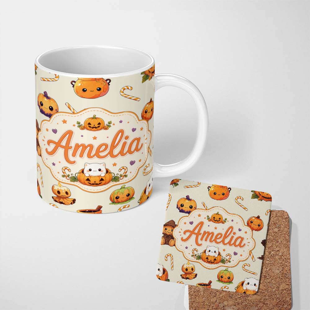 Personalized Custom Name Cute Kawaii Halloween Pumpkin Candy Scarecrow Seamless Pattern 11oz Ceramic Coffee Tea Mug White Large Handle