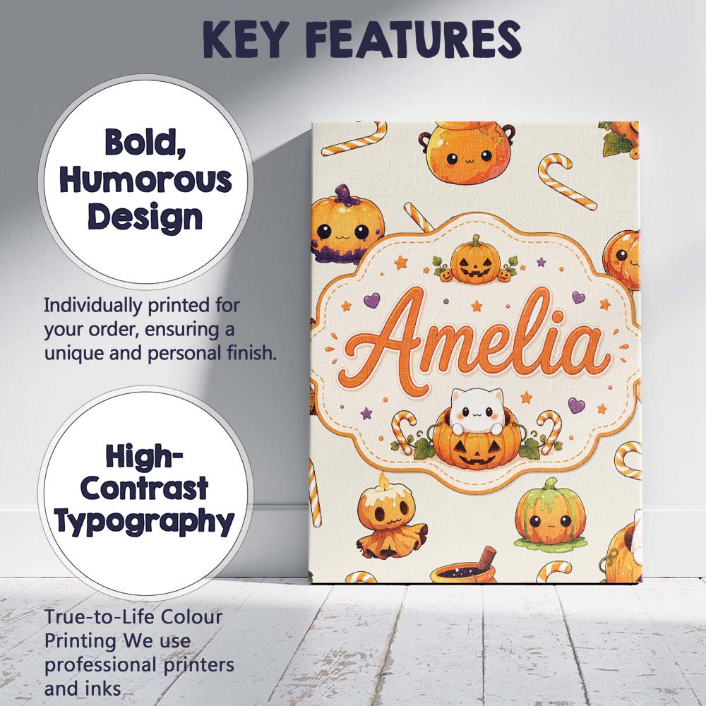 Personalised Name Cute Kawaii Halloween Custom Modern Room Accent Elegant Feature Canvas Wall Art Print Decor Picture Ready to Hang