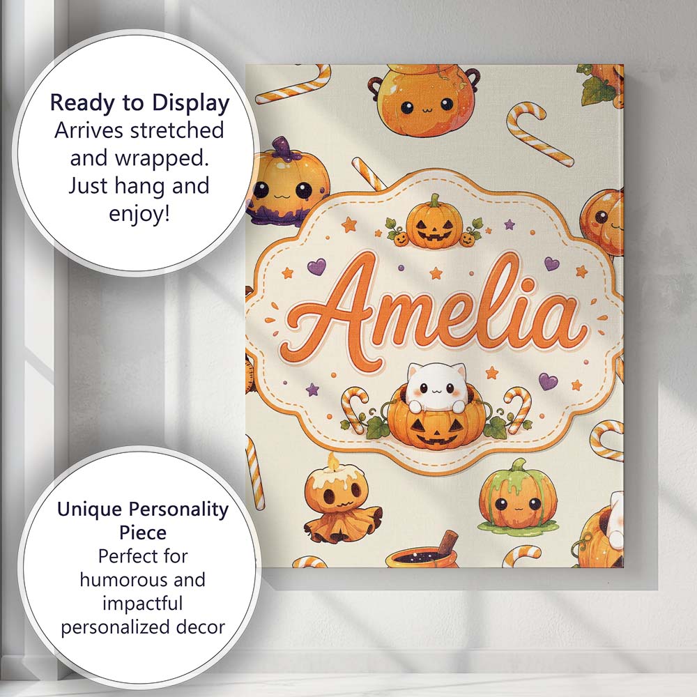 Personalised Name Cute Kawaii Halloween Custom Modern Room Accent Elegant Feature Canvas Wall Art Print Decor Picture Ready to Hang
