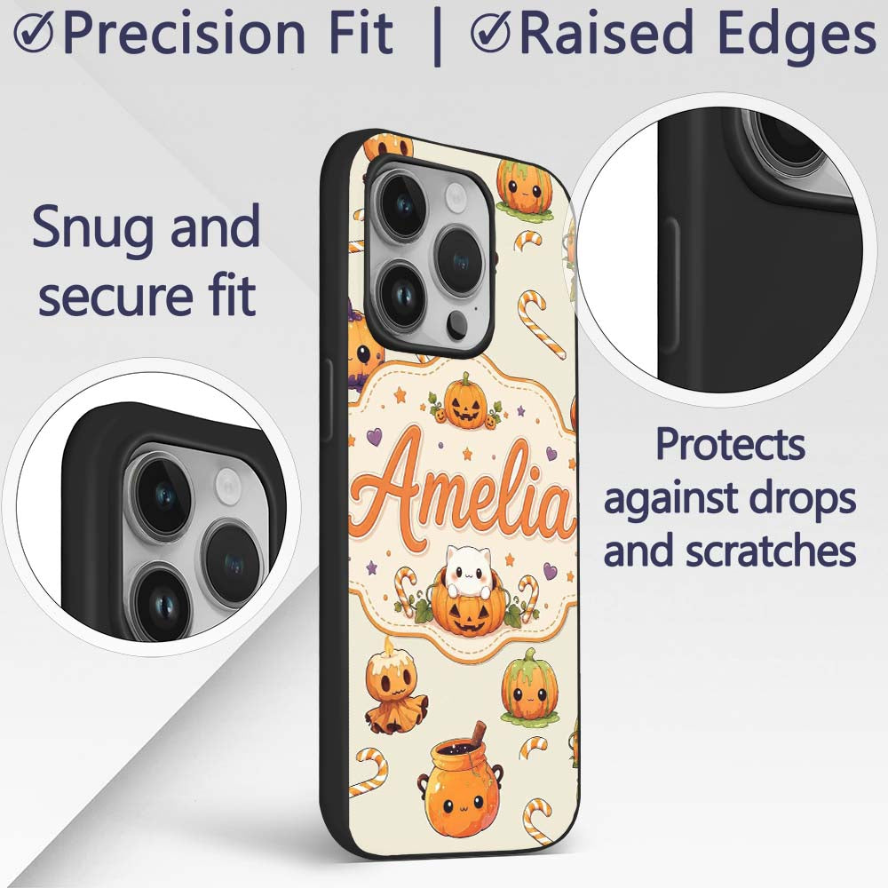 Cute Kawaii Halloween Pumpkin Candy Scarecrow Custom Name Protective Phone Case Mobile Cover Durable Everyday Smartphone Shock Resistant