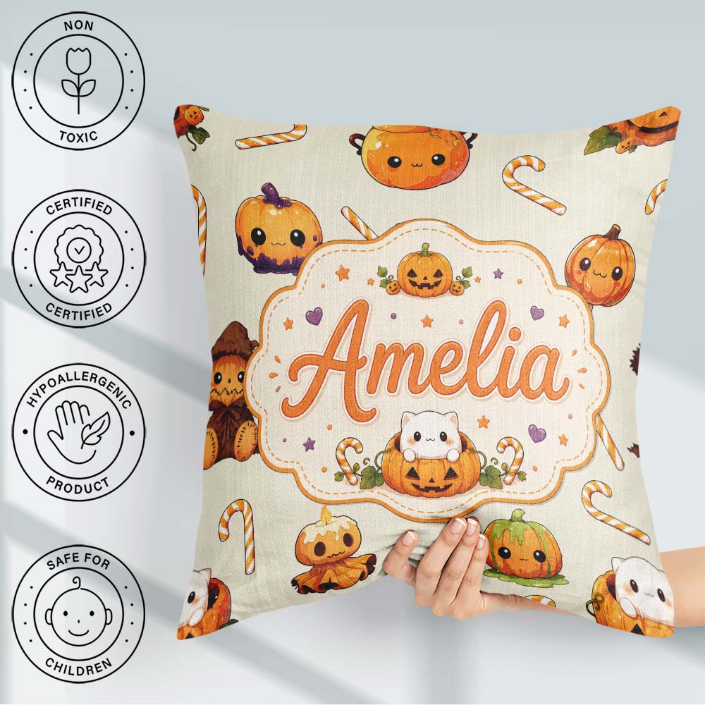 Custom Name Cute Kawaii Halloween Pumpkin Candy Seamless Pattern Square Filled Cushion Throw Pillow Sofa Bed Home Decor Zip Washable UK Made