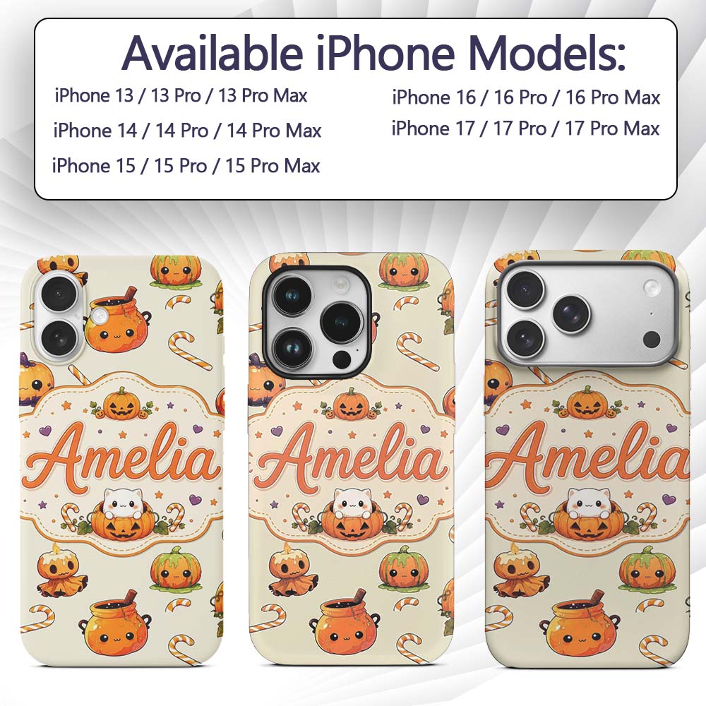 Cute Kawaii Halloween Pumpkin Candy Scarecrow Custom Name Protective Phone Case Mobile Cover Durable Everyday Smartphone Shock Resistant