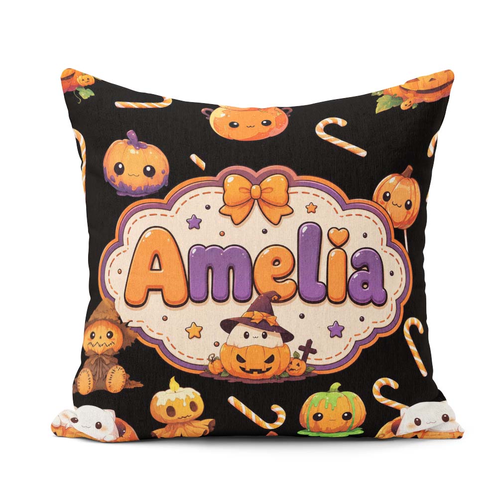 Custom Name Cute Kawaii Halloween Pumpkin Candy Seamless Pattern Square Filled Cushion Throw Pillow Sofa Bed Home Decor Zip Washable UK Made