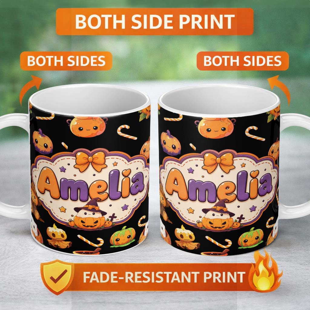 Personalized Custom Name Cute Kawaii Halloween Pumpkin Candy Scarecrow Seamless Pattern 11oz Ceramic Coffee Tea Mug White Large Handle