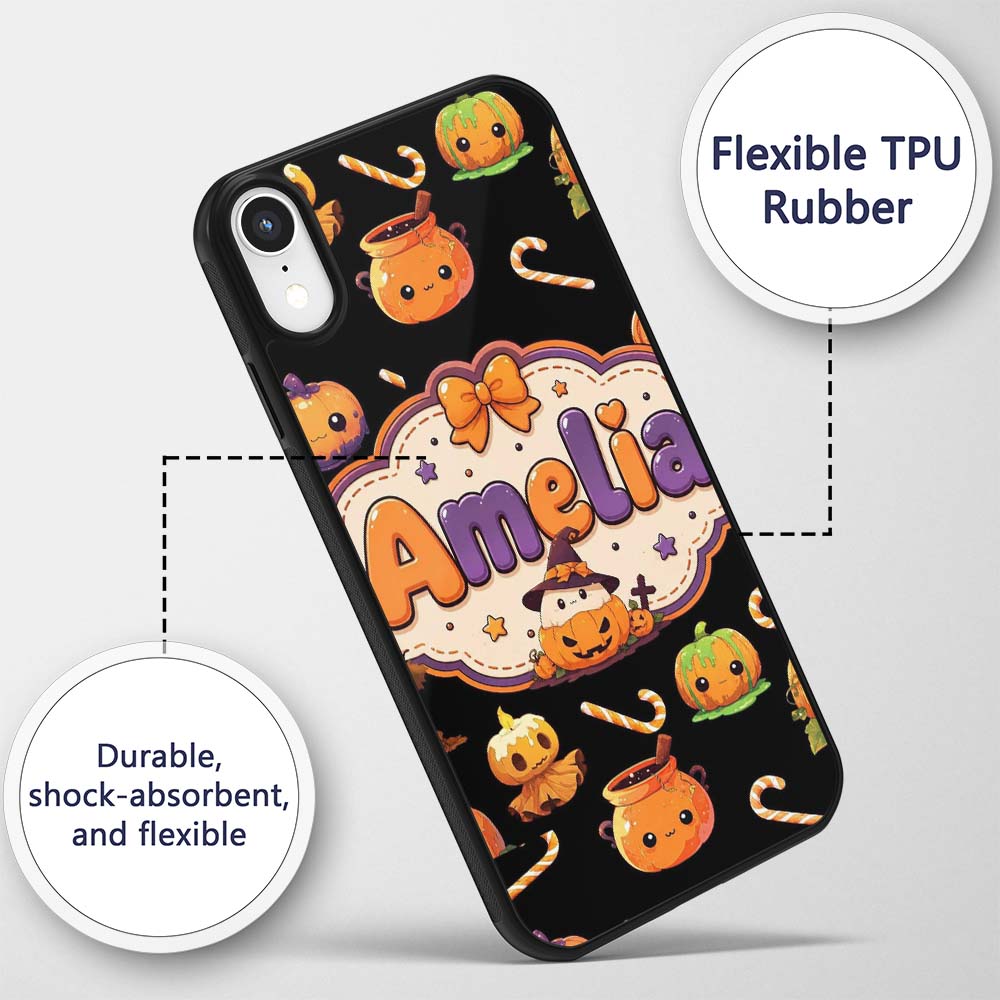 Cute Kawaii Halloween Pumpkin Candy Scarecrow Custom Name Protective Phone Case Mobile Cover Durable Everyday Smartphone Shock Resistant