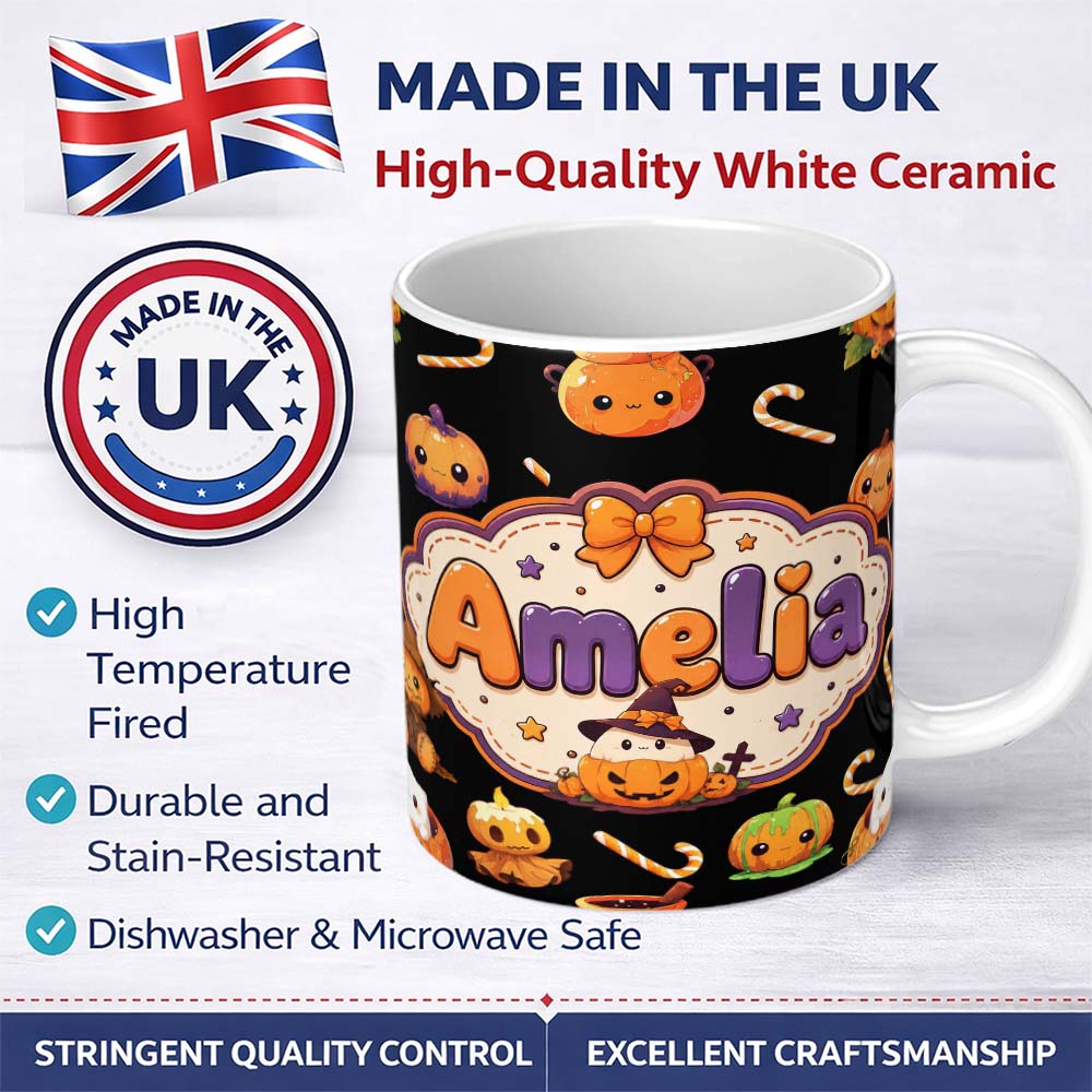 Personalized Custom Name Cute Kawaii Halloween Pumpkin Candy Scarecrow Seamless Pattern 11oz Ceramic Coffee Tea Mug White Large Handle