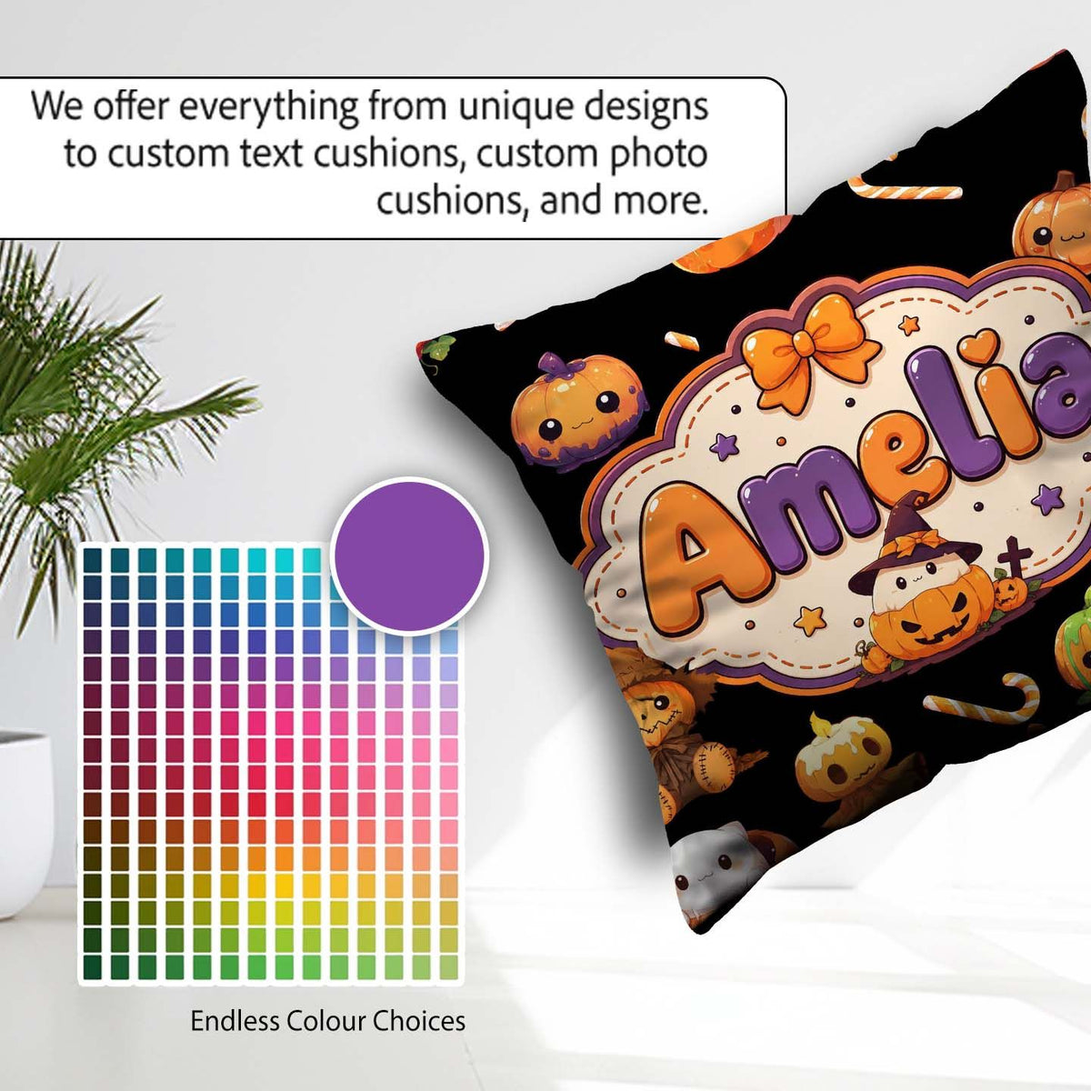Custom Name Cute Kawaii Halloween Pumpkin Candy Seamless Pattern Square Filled Cushion Throw Pillow Sofa Bed Home Decor Zip Washable UK Made