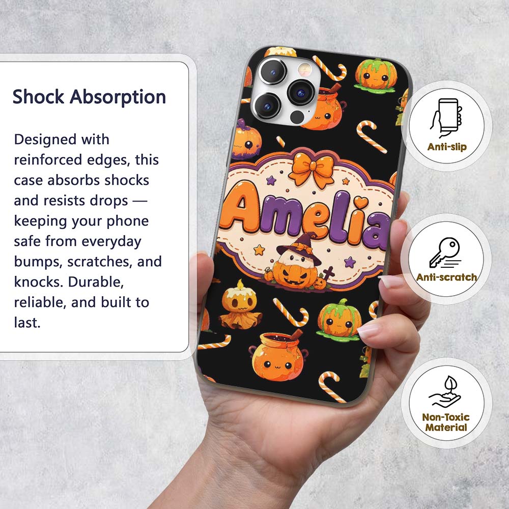 Cute Kawaii Halloween Pumpkin Candy Scarecrow Custom Name Protective Phone Case Mobile Cover Durable Everyday Smartphone Shock Resistant