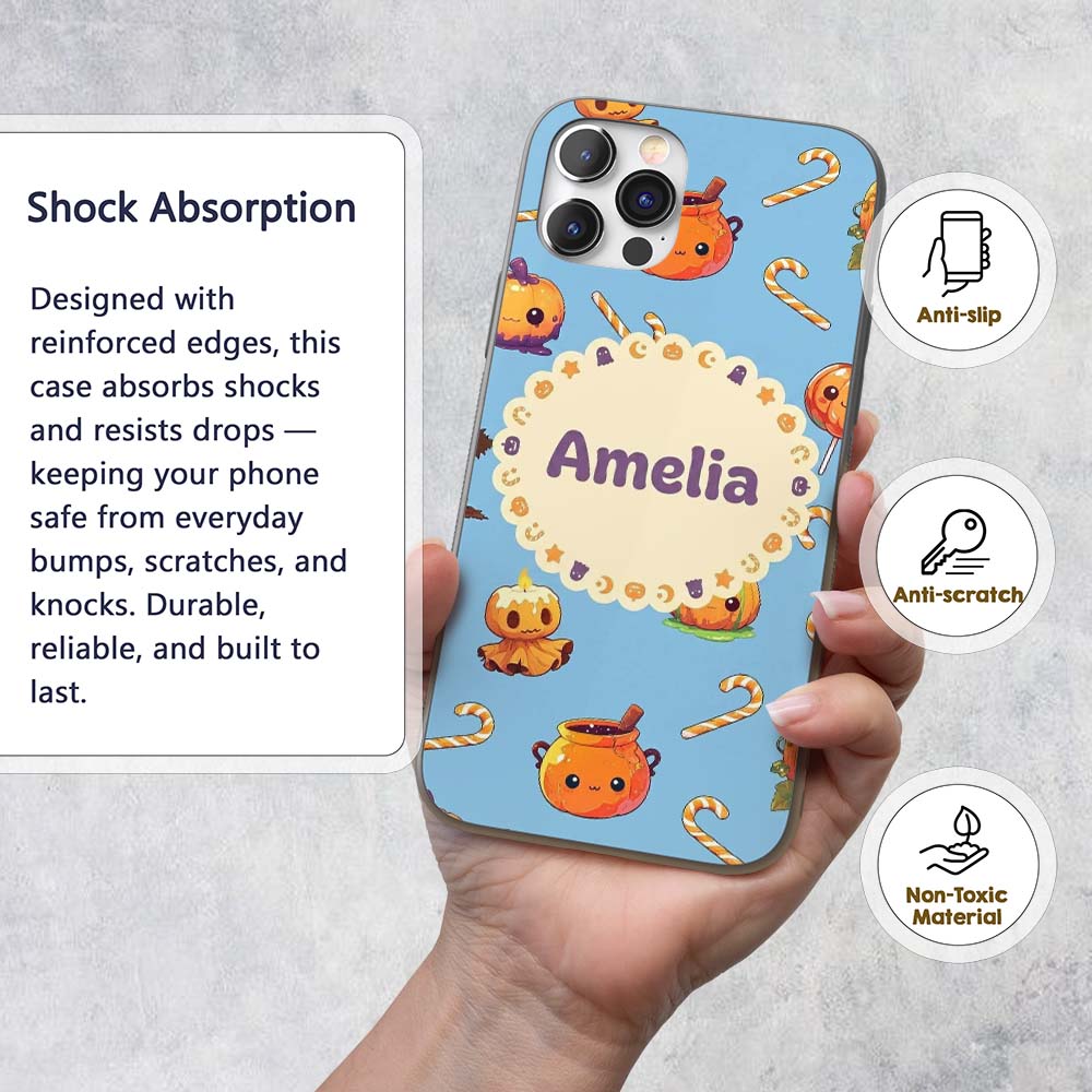 Cute Kawaii Halloween Pumpkin Candy Scarecrow Custom Name Protective Phone Case Mobile Cover Durable Everyday Smartphone Shock Resistant