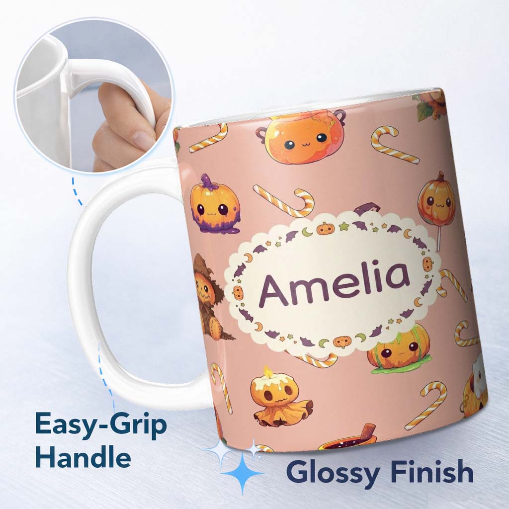 Personalized Custom Name Cute Kawaii Halloween Pumpkin Candy Scarecrow Seamless Pattern 11oz Ceramic Coffee Tea Mug White Large Handle