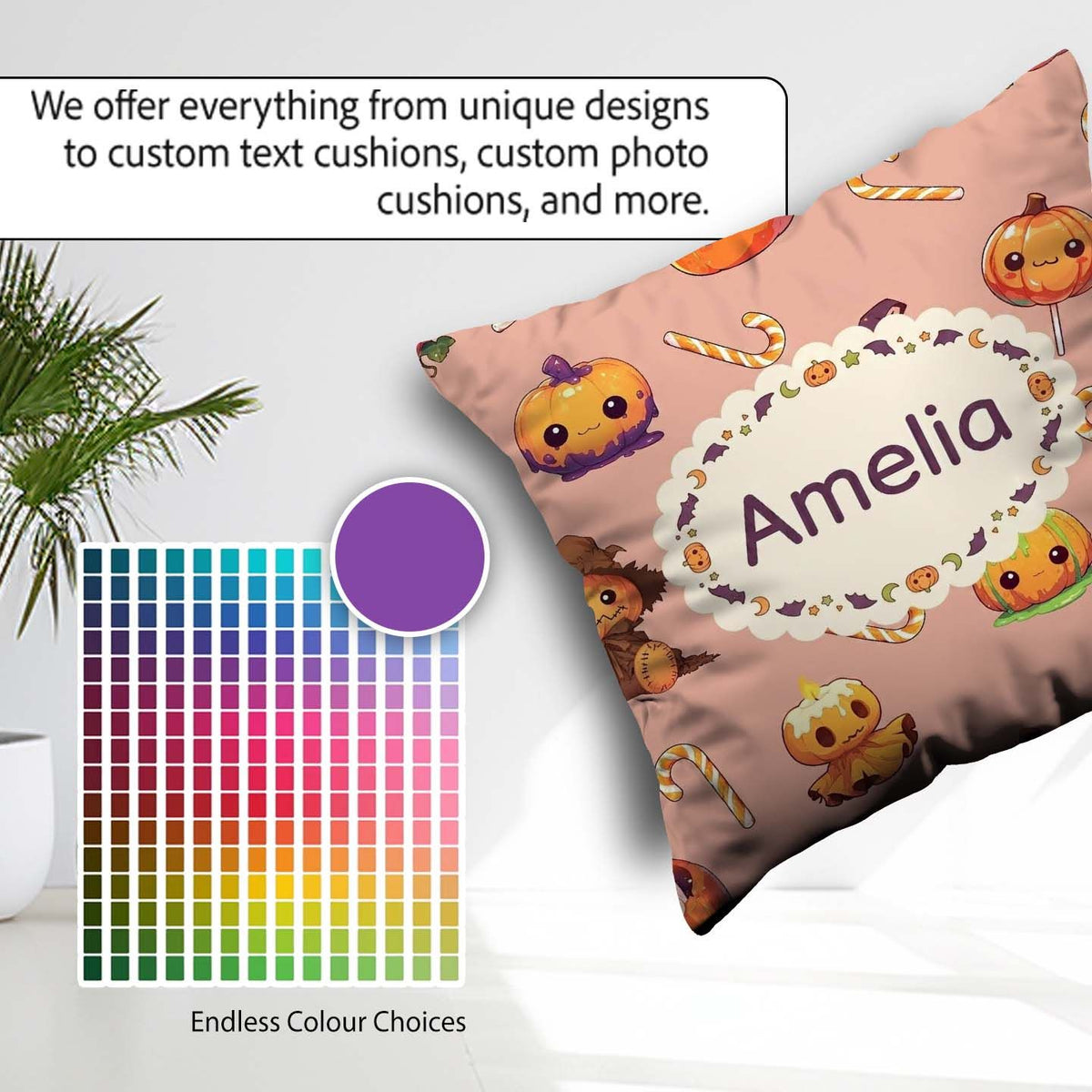 Custom Name Cute Kawaii Halloween Pumpkin Candy Seamless Pattern Square Filled Cushion Throw Pillow Sofa Bed Home Decor Zip Washable UK Made