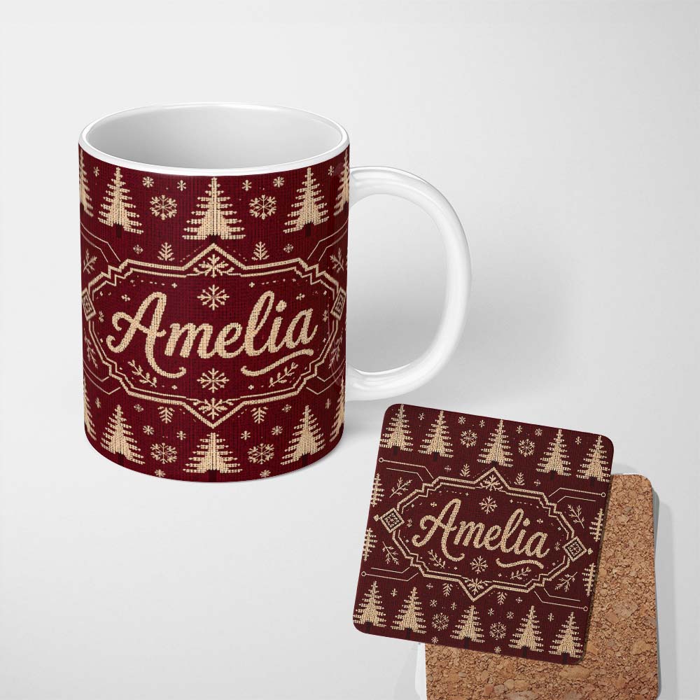 Personalized Custom Name Cute Red Knit Texture Abstract Festive Seamless Pattern Lovely 11oz Ceramic Coffee Tea Mug White Large Handle