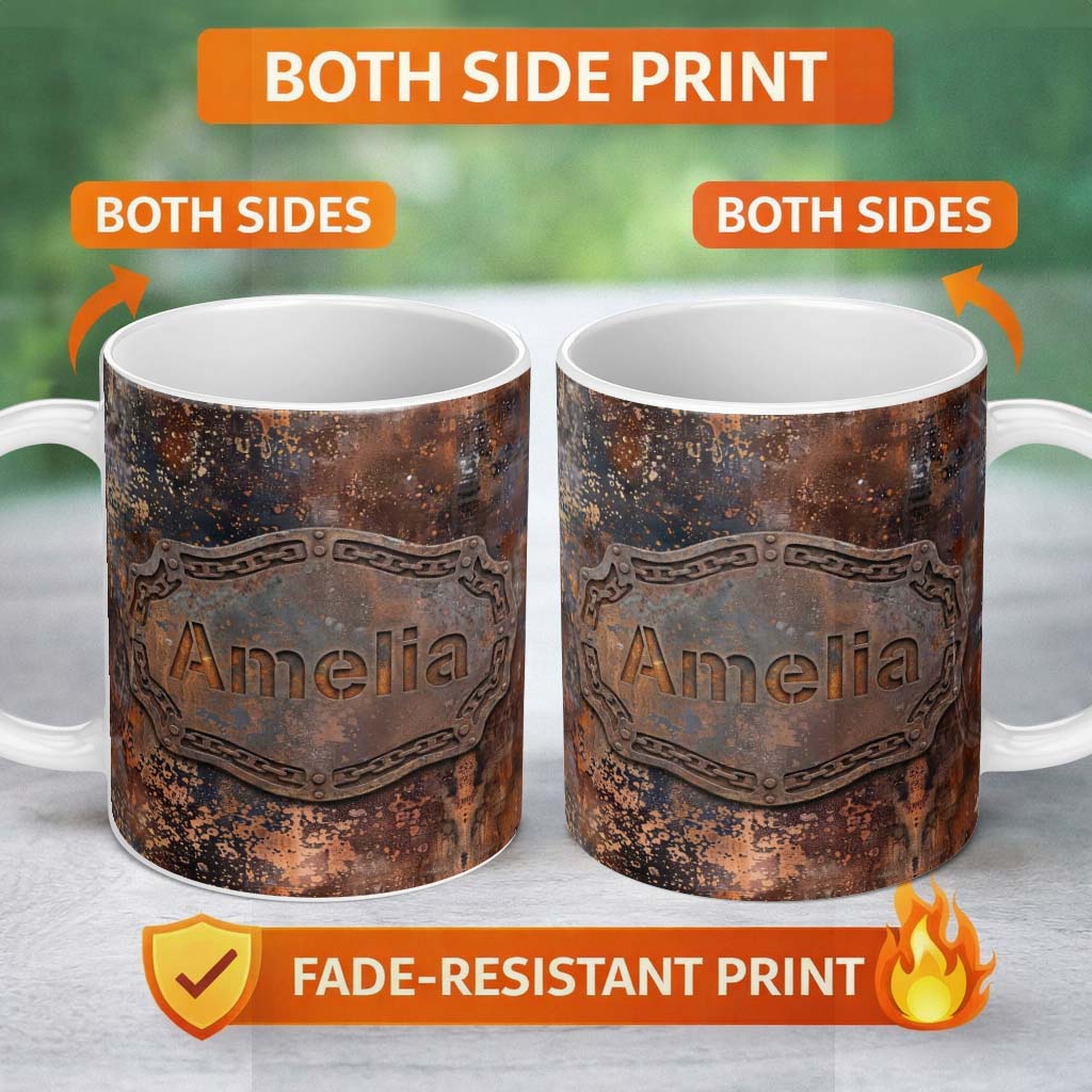 Personalized Custom Name Corroded Metal Rust Texture Seamless Pattern Grunge Background 11oz Ceramic Coffee Tea Mug White Large Handle