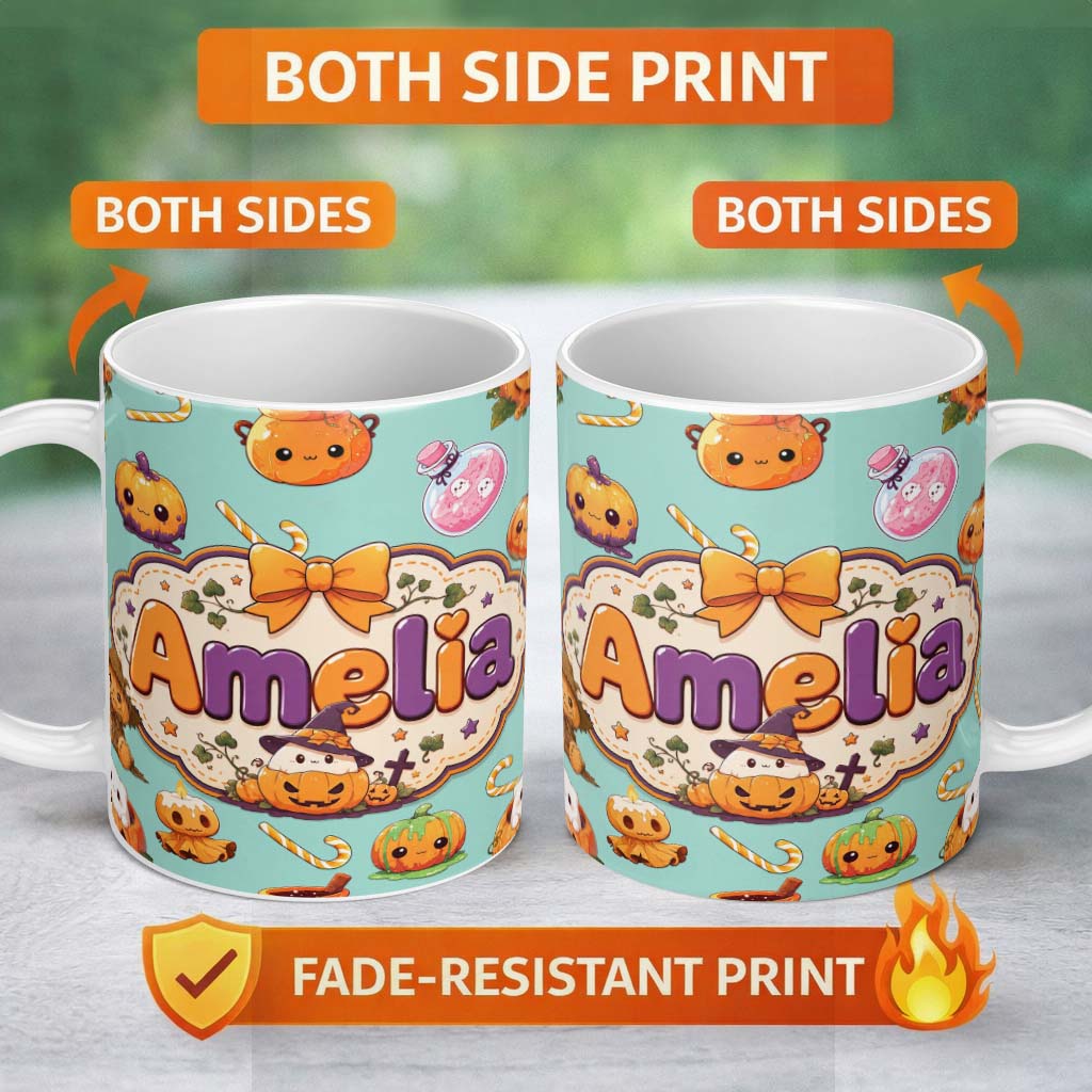 Personalized Custom Name Cute Kawaii Halloween Pumpkin Candy Scarecrow Seamless Pattern Teal 11oz Ceramic Coffee Tea Mug White Large Handle