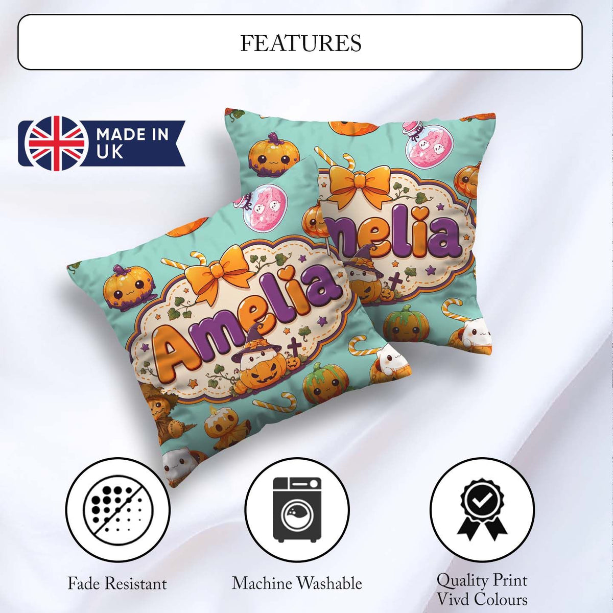 Custom Name Kawaii Halloween Pumpkin Candy Seamless Pattern Teal Square Filled Cushion Throw Pillow Sofa Bed Home Decor Zip Washable UK Made