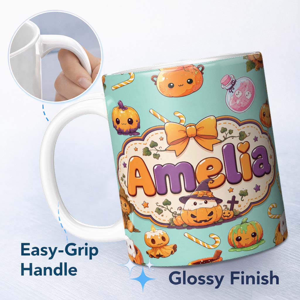Personalized Custom Name Cute Kawaii Halloween Pumpkin Candy Scarecrow Seamless Pattern Teal 11oz Ceramic Coffee Tea Mug White Large Handle