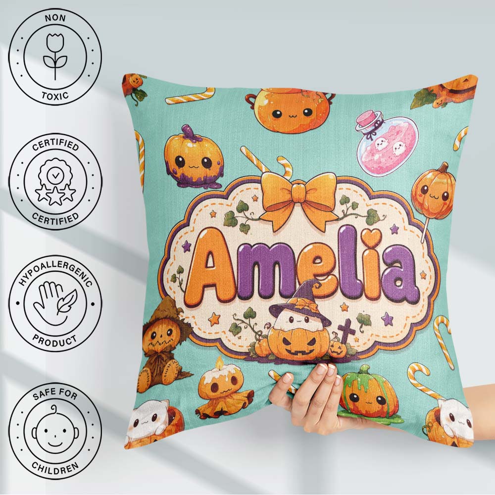 Custom Name Kawaii Halloween Pumpkin Candy Seamless Pattern Teal Square Filled Cushion Throw Pillow Sofa Bed Home Decor Zip Washable UK Made