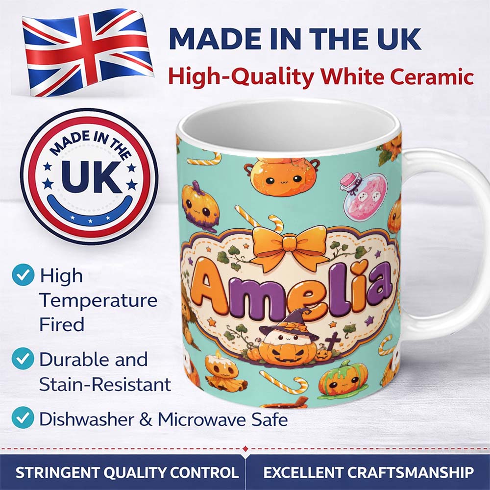 Personalized Custom Name Cute Kawaii Halloween Pumpkin Candy Scarecrow Seamless Pattern Teal 11oz Ceramic Coffee Tea Mug White Large Handle