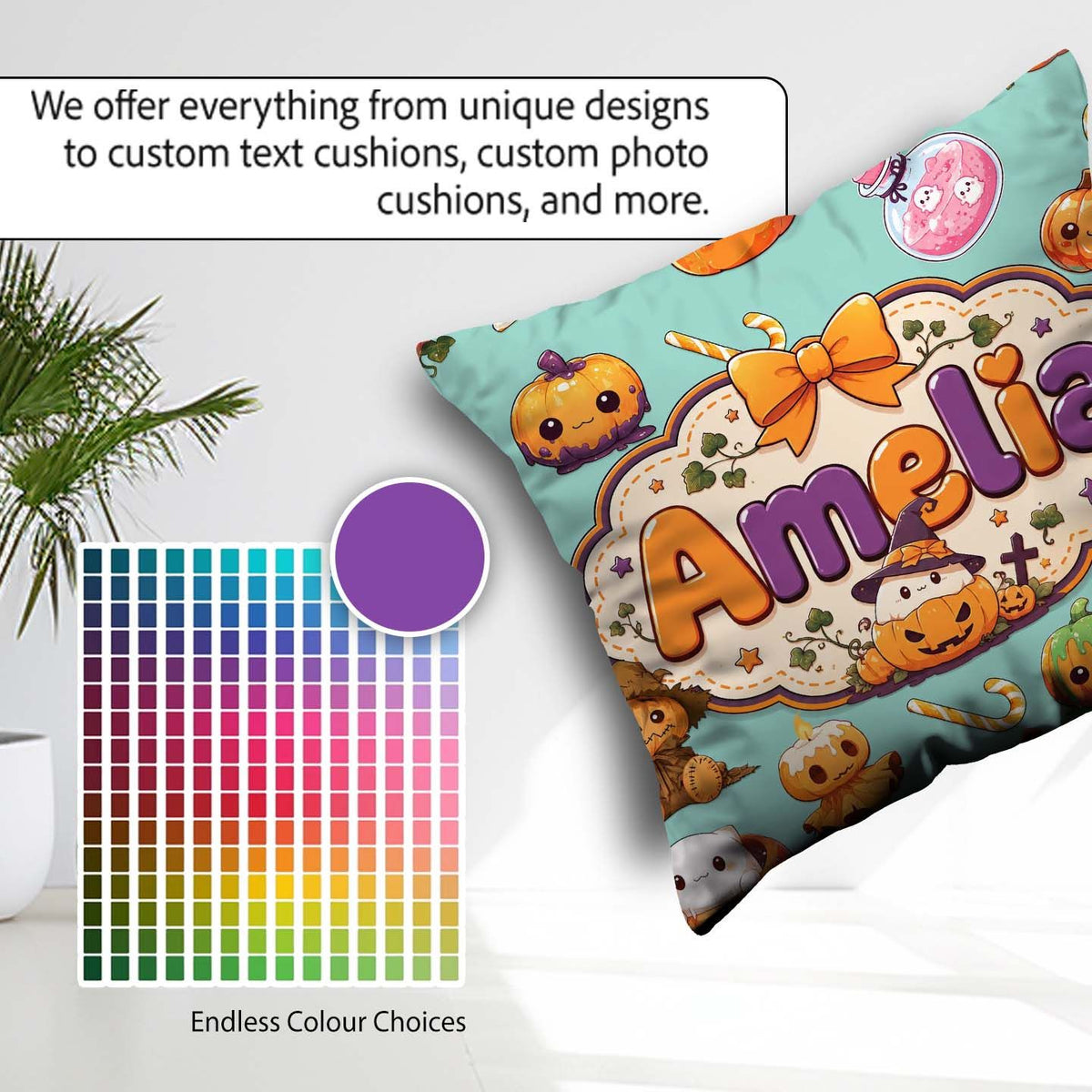 Custom Name Kawaii Halloween Pumpkin Candy Seamless Pattern Teal Square Filled Cushion Throw Pillow Sofa Bed Home Decor Zip Washable UK Made