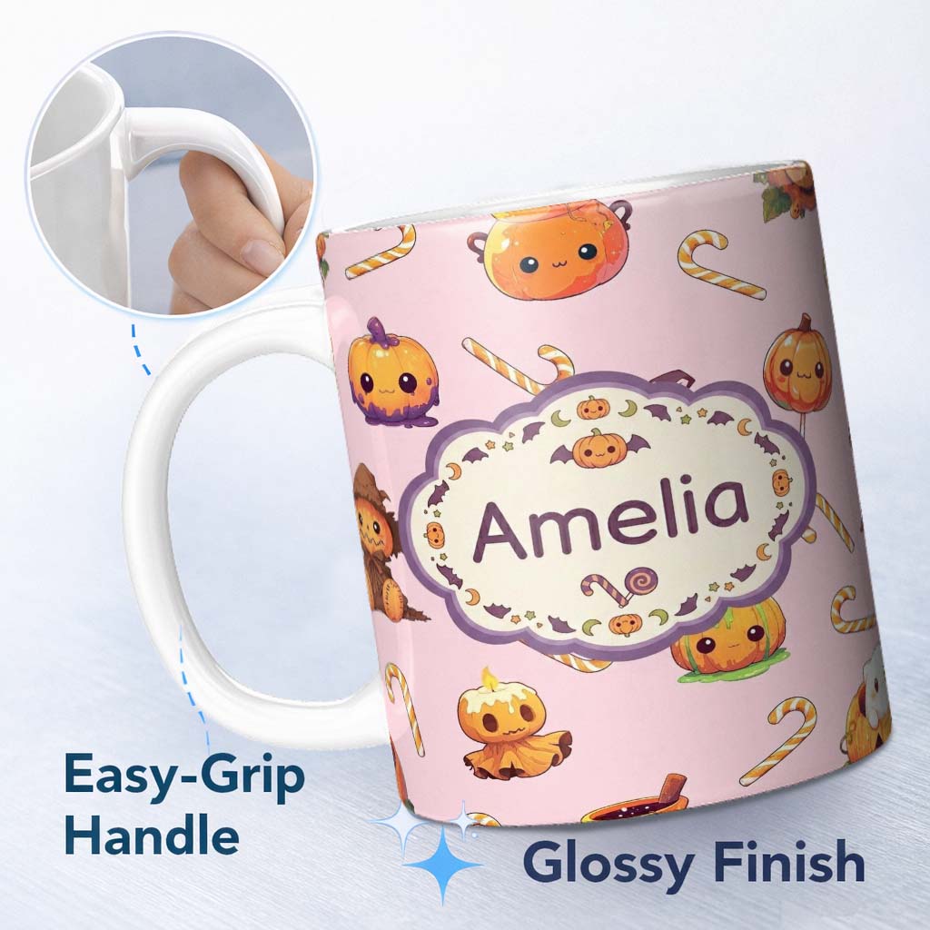 Personalized Custom Name Cute Kawaii Halloween Pumpkin Candy Scarecrow Seamless Pattern Pink 11oz Ceramic Coffee Tea Mug White Large Handle