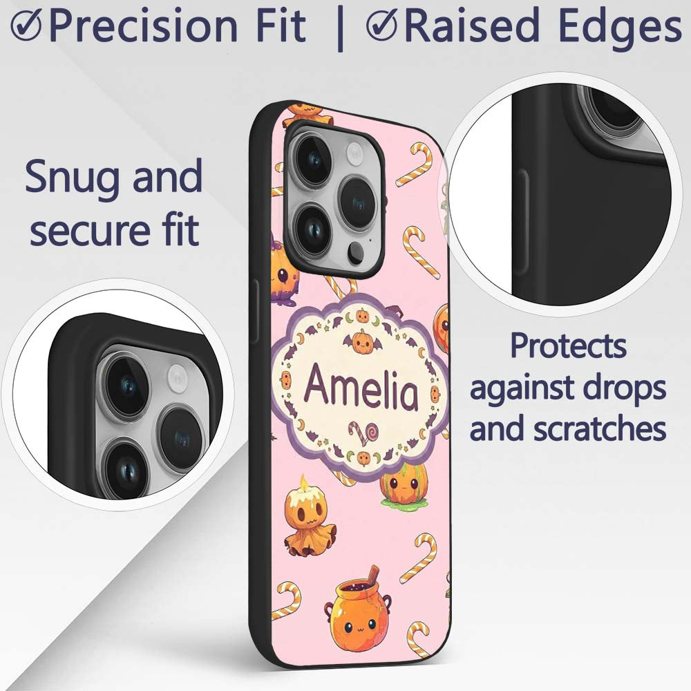 Cute Kawaii Halloween Pumpkin Candy Scarecrow Custom Name Protective Phone Case Mobile Cover Durable Everyday Smartphone Shock Resistant