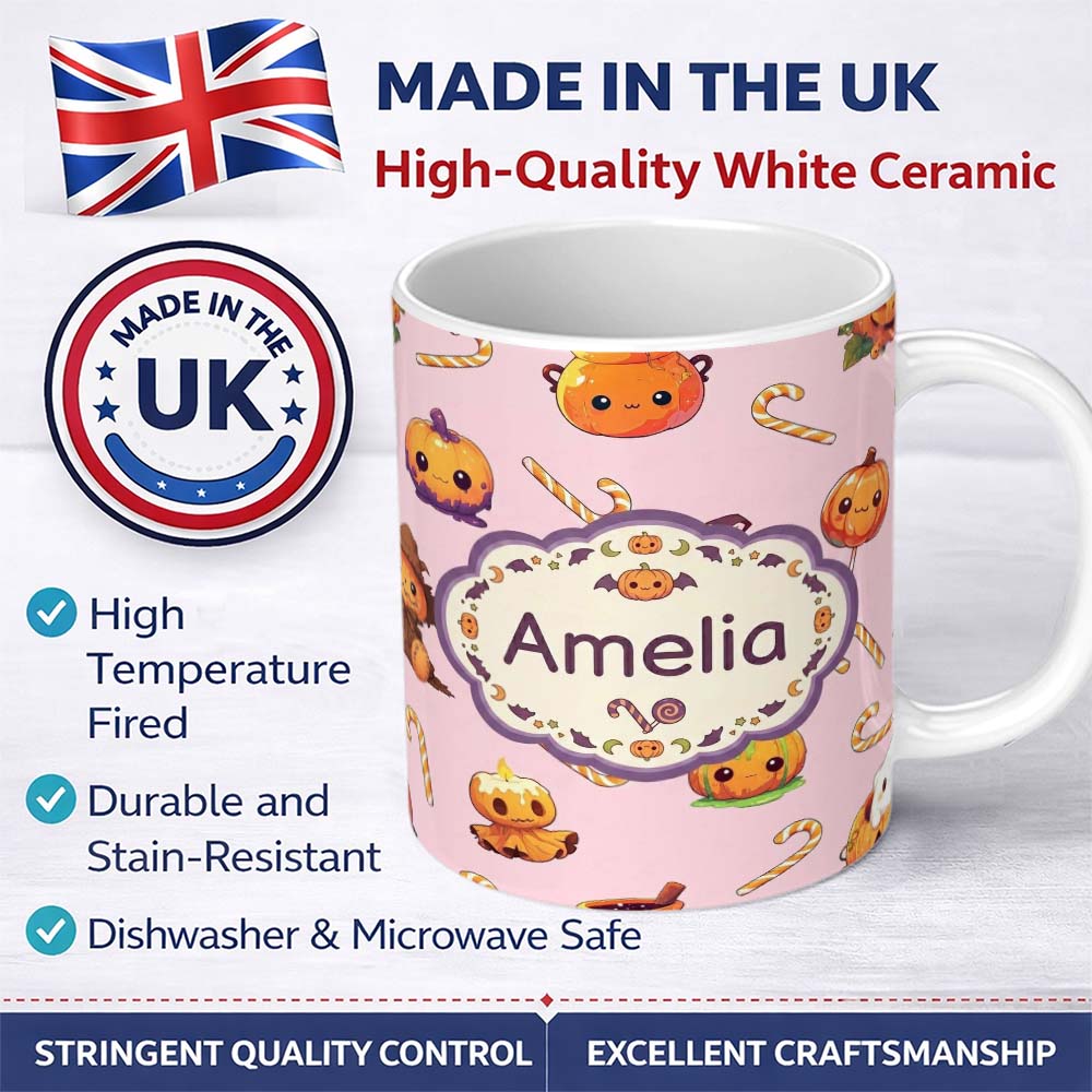 Personalized Custom Name Cute Kawaii Halloween Pumpkin Candy Scarecrow Seamless Pattern Pink 11oz Ceramic Coffee Tea Mug White Large Handle