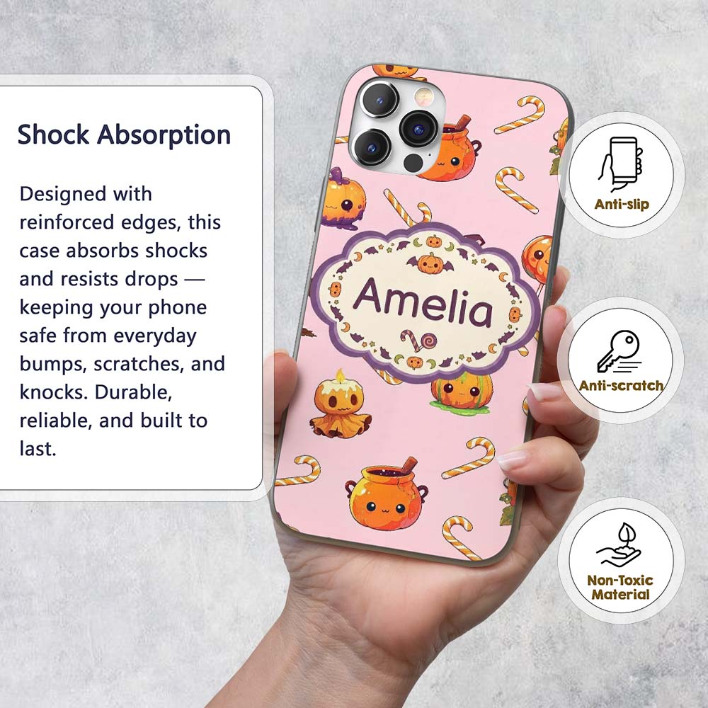 Cute Kawaii Halloween Pumpkin Candy Scarecrow Custom Name Protective Phone Case Mobile Cover Durable Everyday Smartphone Shock Resistant
